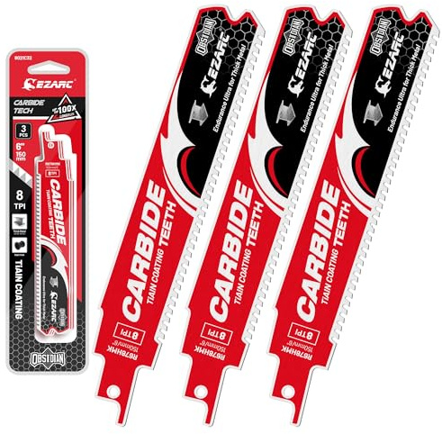 EZARC Reciprocating Saw Blades Metal, Obsidian Carbide, 150mm 8TPI, 3pcs | TiAlN Carbide Teeth, Up to 100x Longer Life, 50% Higher Cutting Efficiency, Cuts Cast Iron, Stainless Steel, Rebar
