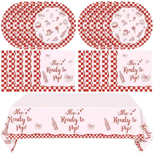 41Pcs She's Ready to Pop Baby Shower Decorations Baby Shower Plates Napkins and Tablecloths Pink Decor Tableware for New Mom Baby Shower Gender Reveal Birthday Party Supplies Serves 20