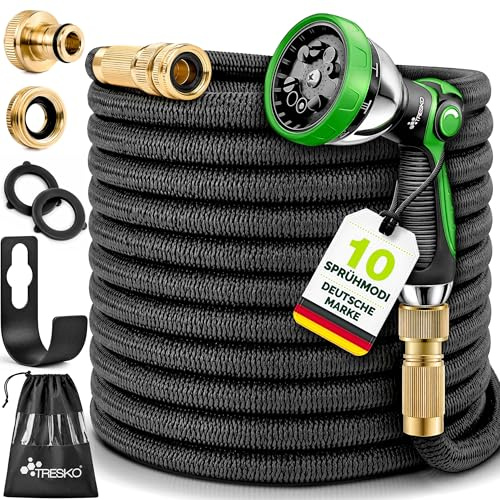 TRESKO® Tuyau d'arrosage Flexible et Extensible pour Jardin | Extensible | avec 3 Embouts en Latex | Tuyau d'arrosage rétractable (Noir, 60m)