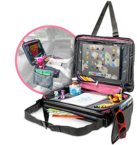 BE Family Travel Kids Car Seat Travel Tray, Car Accessories for Children, Car Seat Snack Tray, Traveling Essentials for Kids, Toddler Lap Tray for Engaging Activities, Multipurpose Design, Pink