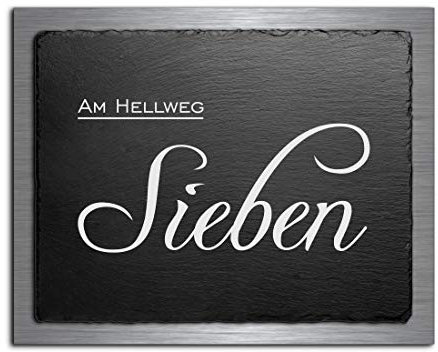 Premium Türschild | Hausnummer aus Schiefer und V2A Edelstahl | Namensschilder mit Gravur und Motiven Familien-schilder für die Haustür mit Namen selbstklebend oder mit Bolzen 20x16 cm