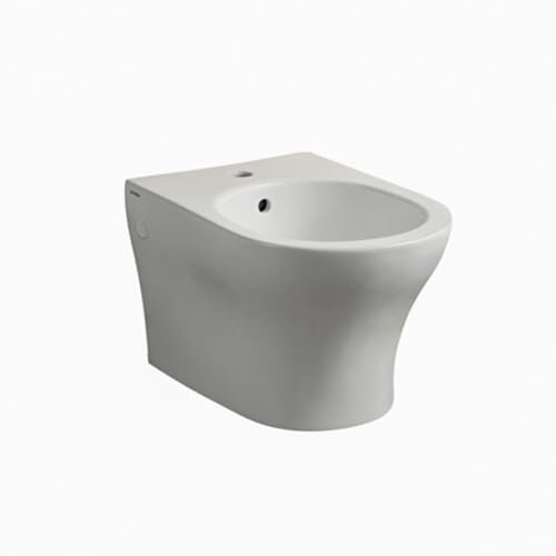 Kiamami Valentina - Bidet Sospeso Filo Muro in Ceramica | Serie Jazz | Predisposto con Foro Miscelatore e Troppopieno | Kit di Fissaggio Incluso | Bianco, 36x50x32 cm