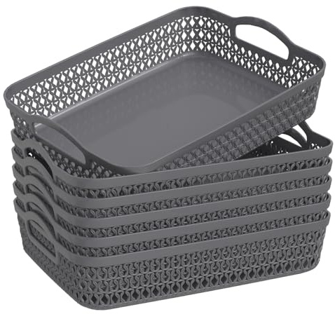 Lesbye Large Plastic Storage Tray Baskets, 6-Pack, Plastic Basket Trays, Grey