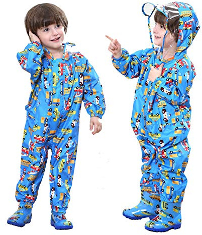 Baogaier Raincoat Baby Boys Hooded Rains Puddle Suit Poncho Rainwear Jumpsuit Blue Car One Piece Lightweight Portable Waterproof Rainsuit Jacket Toddler PVC Transparent Hat Brim Zipper Age 1-3 Years