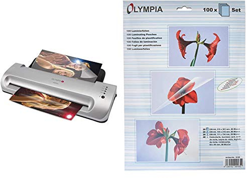Olympia A 296 Plus Laminiermaschine Backloader (80-175 Micron, Bis DIN A4) & Olympia 9165, Laminierfolien, verschiedene Größen im Set, Sortimentspack (sortiert), 80 mic, 100 Stück