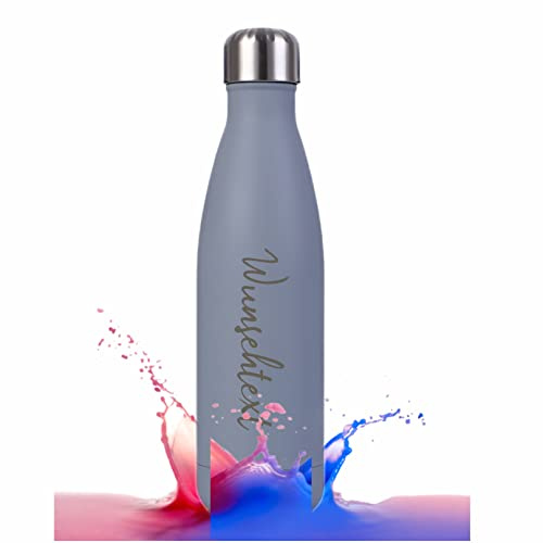 Lina & Luksen Personalisierbare Trinkflasche aus Edelstahl | 0,5 l | Perfekter Begleiter für Sport, Schule, Outdoor Aktivitäten | Lasergravur von Wunschtext und Wunschmotiv | Grau