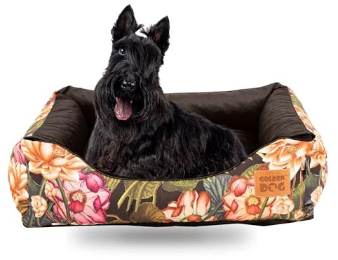 Golden Dog Hundebett Hundekorb Waschbarer Hundekorb Flauschige Hundematratze mit erhöhten Rändern Weiches Hundesofa, Katzen Samt „Square Kinia“ (Blumen, XXL)