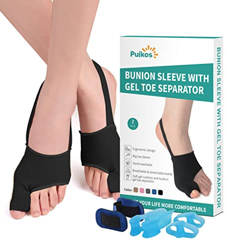 Puikos Hallux Valgus Zehenspreizer Zehen Separator Set, 1 Paar Hallux Valgus Socken Bunion Corrector, 1 Stück Big Toe Strap und 2 Stück Zehenspreizer für Damen Herren (1 Zehen/Klein, Schwarz)