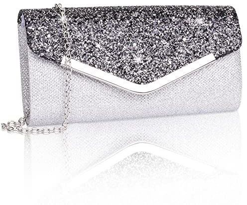 Larcenciel Women's Clutches, Black and Silver Stitching - Shiny Sequins Handbag with Detachable Chain, Stylish Crossbody Shoulder Bag, Elegant Small Purse Envelope Evening Clutch for Bridal Prom Party
