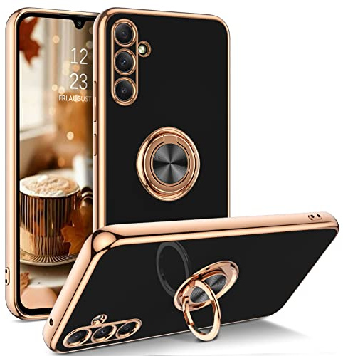 BENTOBEN for Samsung Galaxy A34 5G Case with Ring, Phone case for Samsung A34 5G, Holder Edge Plating Rotation Kickstand Soft Silicone Slim Flexible Shockproof Protective Cover for Galaxy A34 5G Black