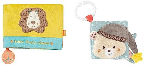 Fehn Baby Fotoalbum Löwe – Erinnerungsbuch Fotobuch & Soft Bilderbuch Bruno – Baby Fühlbuch aus Stoff mit Tier Motiven - Stoffbuch Spielzeug zum Aufhängen für Kinderwagen und Babyschale