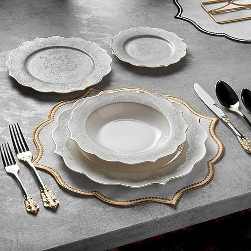 Premium White and Gold 24-Piece New Bone China Dinnerware Set for 6 People – Dinner Plates, Soup Plates, Dessert Plates, and Small Plates – Crockery Dining Set by Konigtum – KOV-BU