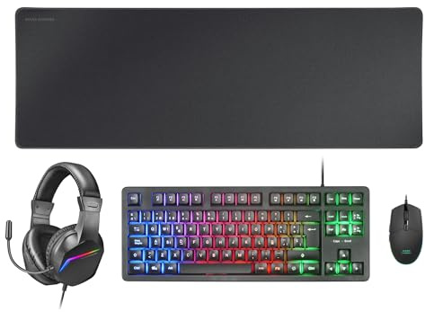 Mars Gaming MCP-RGB3, Langue Française, Ensemble RGB Clavier Fixe, Souris Flow 3200 DPI, Casque Over-Ear, Tapis de Souris XXL, Noir