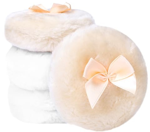KALIONE 4 borlas de polvo grandes, lazo esponjoso redondo de 8 cm, ultrasuave, lavable, reutilizable, para la cara húmeda y seca, herramienta de maquillaje (2 piezas beige y 2 piezas blancas)