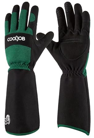 COOLJOB Gardening Gloves for Women and Men, Thorn Resistant Heavy Duty Garden Gloves, Long Sleeve Forearm Protection Ladies, Synthetic Leather Gauntlets for Pruning, Black & Green (1 Pair, Size XL)