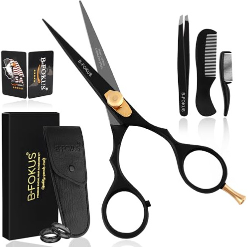 B-FOKUS Hair & Beard Trimming Scissors Kit – 5.5” High Carbon Stainless Steel Mustache & Hair Scissors for Men, Women & Kids Adjustable Tension Screw – Come with Tweezers, Combs & Travel Pouch