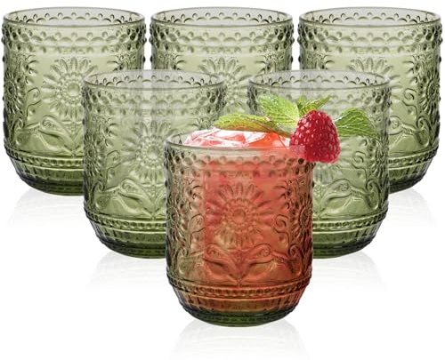 Ulable Drinking Glasses Set of 6-360ml/12oz Vintage Tumbler Glasses - Decorative Floral Embossed Water Glasses - Heavy Duty Glassware Beverages Tumblers for Whisky, Beer, Juice, Wine, Green
