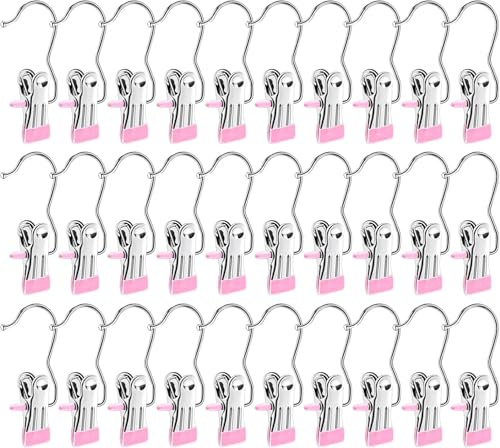 Jeffbaubl 30 Stück Klemmhaken, Edelstahl Wäsche Haken, Rosa | 360° Drehbarer Stiefel Aufhänger, Rutschfest Kleiderbügel Clip for Hosen Schuhe Handtuch Mützen