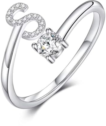 TINGN Ringe Frauen Silber 925 Damen, Damenring Silber 925, Eheringe Ringe Verstellbar, Ring mit Stein, Promise Statement Ring mit S Buchstaben, Geschenke für Freundin