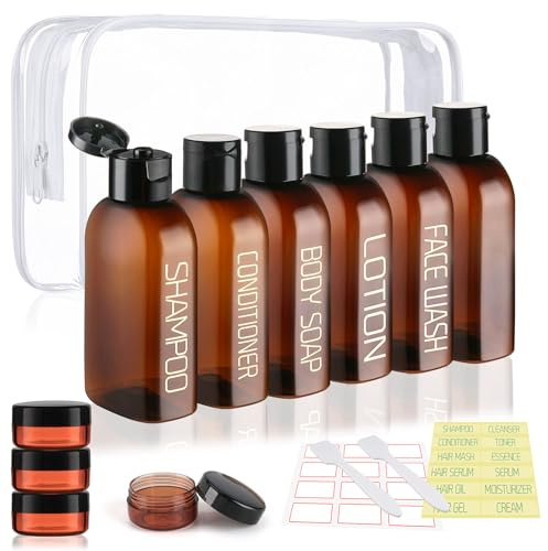 Cosywell Reiseflaschen für Toilettenartikel, Reise-Shampoo- und Conditioner-Flaschen, TSA-zugelassen, Reisegröße, auslaufsichere Kunststoff-Cremedosen, A-braun, A-100 ml, Braun, 5label1blank