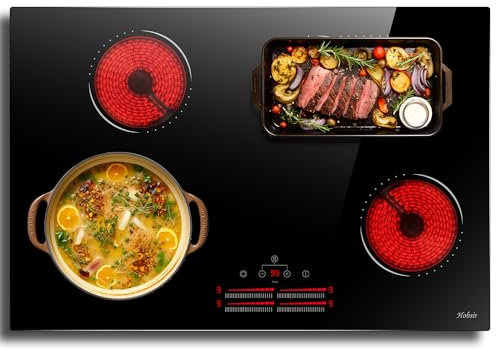 Hobsir Placa vitroceramica 4 fuegos 77 cm, Zona de expansión de doble bucle, Control deslizante，9 Niveles de potencia, Temporizador, Cierres de seguridad, 220V~240V, 6600 W