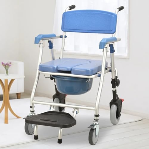 Generisch Toilettenstuhl mit Rollen für Senioren, Toilettenstuhl Klappbar mit Armlehnen, Toilettenstühle Duschstuhl für Senioren 150 kg, Vier Räder mit Bremsen + Verstaubare Pedale