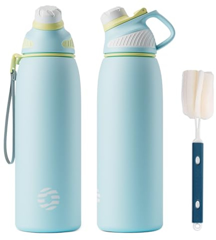 Fjbottle Thermal Water Bottle 1L Stainless Steel with Magnetic Cap for Sports | BPA free, no leakage, brush included, ideal for gym, work and hiking