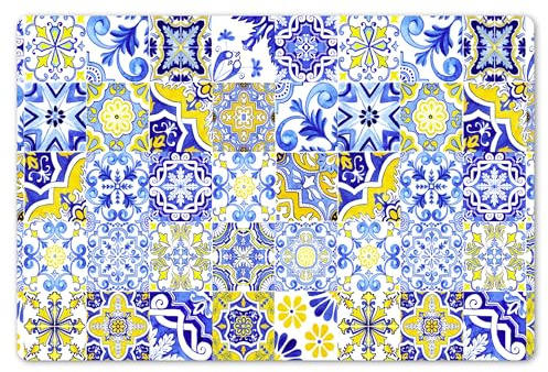 KitchenYeah© Set Tovagliette Americane Lavabili 6 Pezzi Tovaglietta | 45x30 cm - Rettangolare - Plastica Antiscivolo per Cucina o Sala da Pranzo Piastrelle - Blu Di Delft - Giallo - Antico