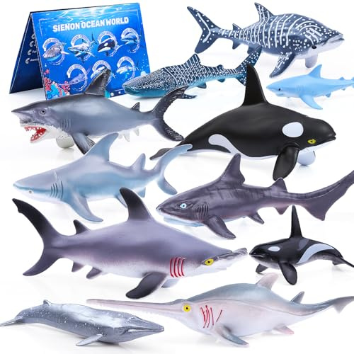 SIENON 11-teiliges Hai-Figuren Set mit Begleitheft, Realistische Meeres-Badespielzeuge mit Walhai, Pädagogische Meerestiere-Figuren für Kinder, Geburtstagsmitbringsel & Tortendekoration