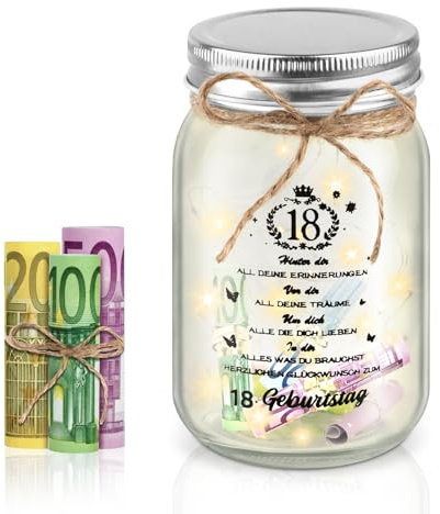 LWMTT LED Flaschenlicht Geldgeschenke Geburtstag Personalisiertes 18. Geburtstagsgeschenk Mädchen Junge Glas-Spardose mit LED Lichterkette, Coole Geschenkidee zum 18.Geburtstag Andenken