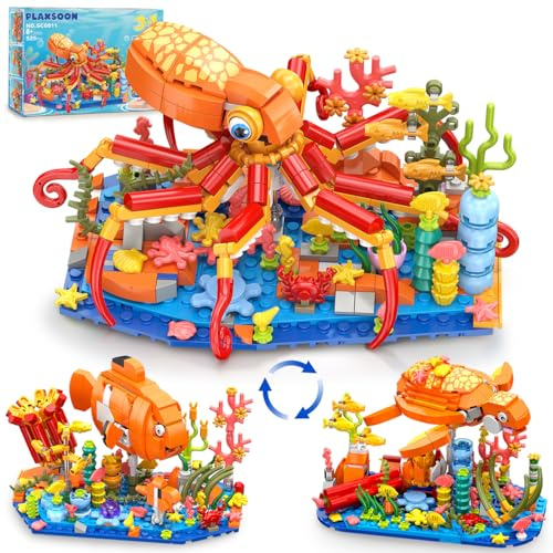 PLAXSOON 3 in 1 Tiere Schildkröte Fisch Oktopus Bauset, Meerestiere Bausteine Heimdekoration, Bauspielzeug mit Meerestieren Figuren, Geburtstag Geschenk für Erwachsene Jungen Mädchen ab 8-12 Jahren