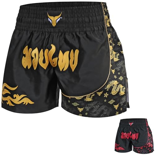 Mytra Fusion Kickboxningsshorts Herr Slim Fit Kort Modell Muay Thai Shorts Burfighting Shorts för MMA Träning, Grappling och Kampsport (DE/NL/SE/PL, Alfa, M, Regelbunden, Regelbunden, Svart/Guld)