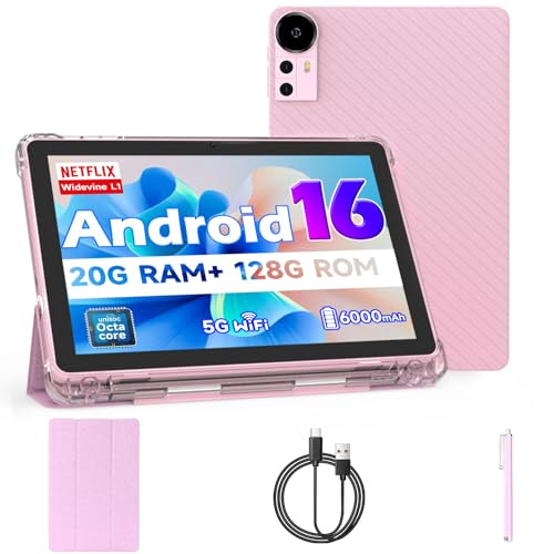 Android 15 Tablet 10 inch Tablets, 20GB RAM 128GB ROM 2TB Expand, 2.0Ghz CPU Quad-Core Processor Tablet PC with Case and Stylus, 5G WiFi6, BT5.0, 6000mAh Battery, Dual Camera, Widevine L1, GMS, Pink