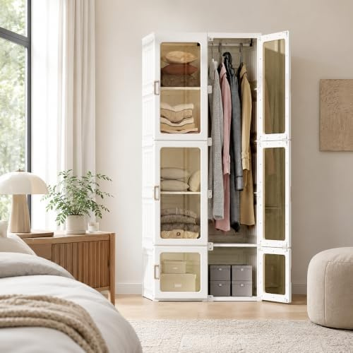 CXHLXYR Armario de dormitorio 69 x 50 x 170 cm, armario portátil con 6 puertas y 10 compartimientos, 1 barra de armario, almacenamiento, dormitorio, plegable con barra (blanco, 69 x 50 x 170 cm)