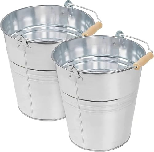 Flatro Metal Bucket - 15 Liter (Pack of 2) Strong Galvanized Steel Bucket with Wooden Handle for Cleaning, Garden Storage, Hot Ash, Garden Waste, Drink Cooler Buckets for Multipurpose Uses