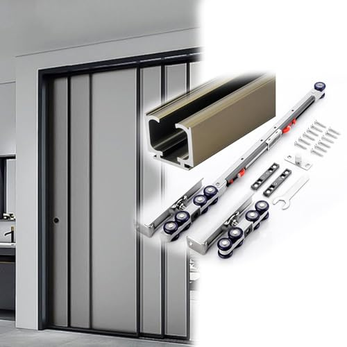 Kit Ferramenta Binario a Scomparsa per Porta Scorrevole Bypass 1-6 m Binari per Porte Scorrevoli per Armadi con Rullo di Chiusura del Tampone per Porte Singole Larghe 60 cm(Champagne,3.1m/10.2ft)