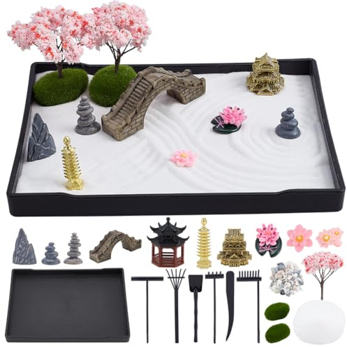 WEBEEDY Zen Garden Kit for Desk Decor, Mini Japanese Tabletop Rock Sand Zen Garden Box Meditation Gifts for Home Office Desk Relaxation Beautiful Decor Gift, 21x15.7 cm