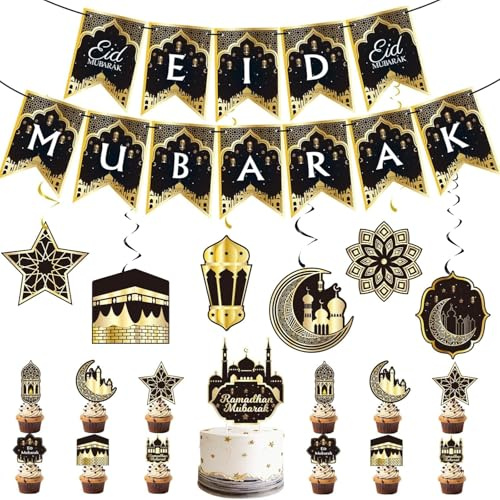 31Pcs Ramadan & Eid Decorations Set for Home: Foil Hanging Swirl Streams Ceiling Decor, Cupcake Toppers and Islamic Party Decor for Muslim Festival, Ramadan Kareem