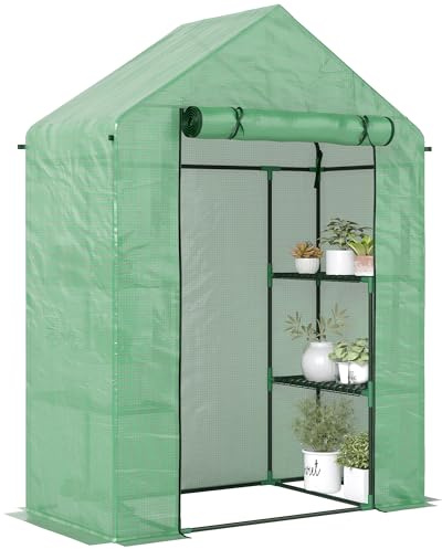 Outsunny Serre de Jardin avec Étagères 3 Niveaux, Petite Serre de Balcon en Bâche PE 140 g/㎡ Renforcée et Châssis Acier, pour Légumes et Fleurs, Intérieur et Extérieur, 141 x 72 x 191 cm, Vert