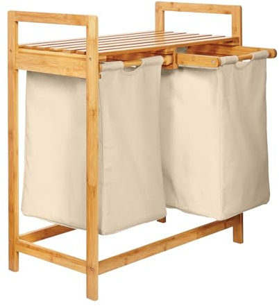 Lumaland Wäschekorb Bambus mit 2 ausziehbaren Wäschesäcken | Pflegeleichtes Material, unempfindlich gegen Nässe und leicht abwischbar | Höhe ca. 73cm x 64cm Breite x 33cm Tiefe [Beige]