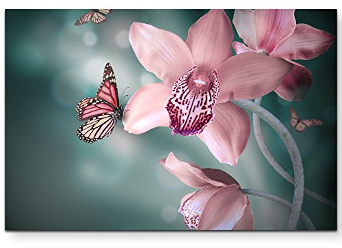 Paul Sinus Art Leinwandbilder | Bilder Leinwand 120x80cm Orchideenblüten mit Schmetterlingen