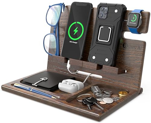 BarvA Holz-Dockingstation für Zwei Handys, Smartwatch-Halter, für Herren, Ladezubehör, Nachtständer, Vater Mobile Gadget-Organizer, Tablet-Aufbewahrung, Kommode, für Erwachsene, Abschluss, Geschenk