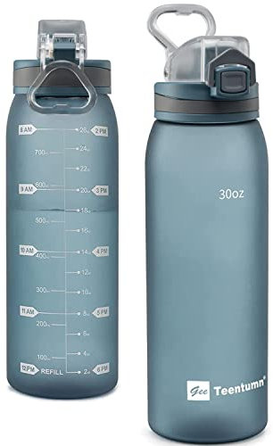 Teentumn 30oz Sport Water Bottle with Time Markers, Large Durable Gym Plastic Bottle for Fitness, Outdoor Enthusiasts, Leakproof (Pack of 1)