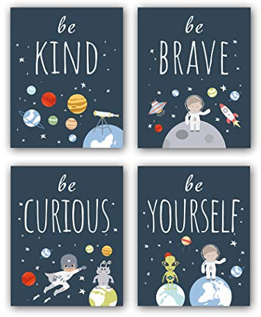 CHDITB Unframed Inspirational Art Print, Outer Space Planet Wall Art Painting, Set of 4 (8x10) Be Kind Quote Canvas Posters for Boys' Nursery Decor, Kids' Space Decor Accessories