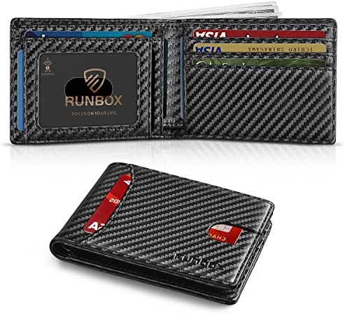 RUNBOX Carteras delgadas con clip para dinero para hombres, tarjetero minimalista de cuero plegable con bloqueo RFID, bolsillo frontal para hombre con 11 ranuras para tarjetas, caja de regalo, 0 negro