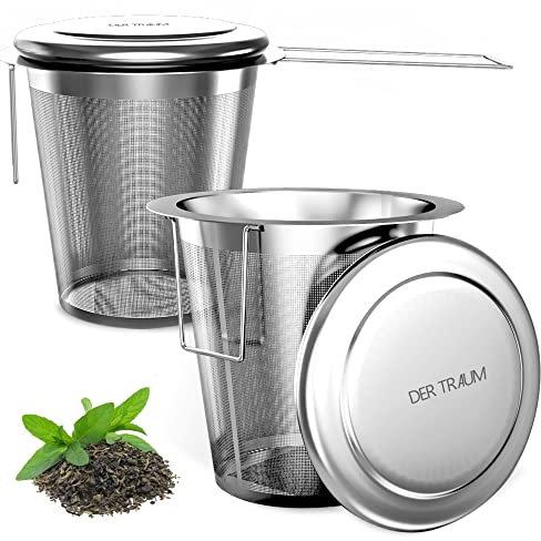 Der Traum Teesieb für Losen Tee aus 304 Rostfreiem Edelstahl – 2 Stück Teesieb für Tasse, Teefilter Edelstahl mit Deckel und Faltbare Griffe – Feinmaschig und Spülmaschinengeeignet