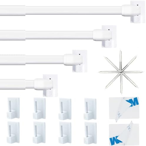 Pack of 4 Adhesive Curtain Rods, Bistro Curtain Poles, Extendable Curtain Rod, for Shop, Cabinet, Window, Kitchen, DIY Projects (80-140 cm, White)