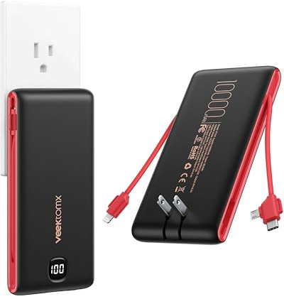 VEEKTOMX Portable Charger with Built in Cables 10000mAh, Power Bank for iPhone with AC Wall Plug, Fast Charging USB C Slim Battery Pack with LED Display Compatible with iPhone 17/16/15/14, Samsung