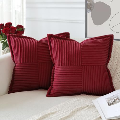 Artscope 2er Set Kordsamt Kissenbezüge Samtkissen Weich Dekokissen Dekorativ Kissenbezug Modern Kissenhülle Umwickelte Kante Sofakissen für Wohnzimmer Schlafzimmer Wein Rot, 60x60cm