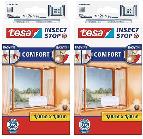 tesa Insect Stop COMFORT Fliegengitter für Fenster - Insektenschutz mit Klettband selbstklebend - Fliegen Netz ohne Bohren - weiß (leichter sichtschutz), 100 cm x 100 cm (Packung mit 2)